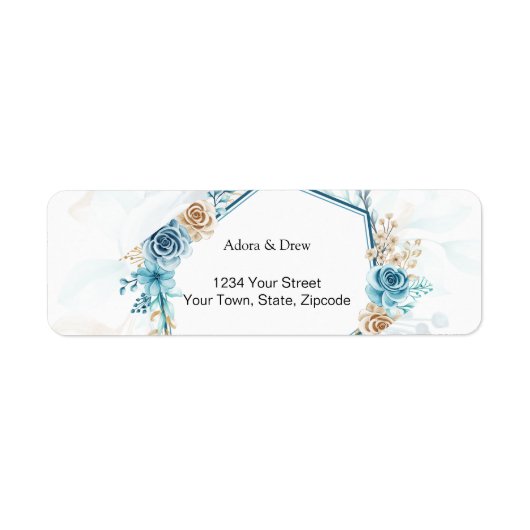 Beige blauwe Elegante Bloemen Bruiloft Etiket (Voorkant)