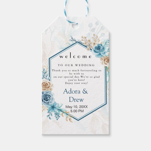 Beige blauwe Elegante Bloemige Bruiloft Cadeaulabel (Voorkant)