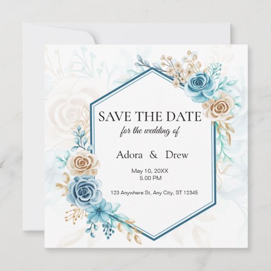 Beige blauwe Elegante Bloemige Bruiloft Save The Date (Voorkant)