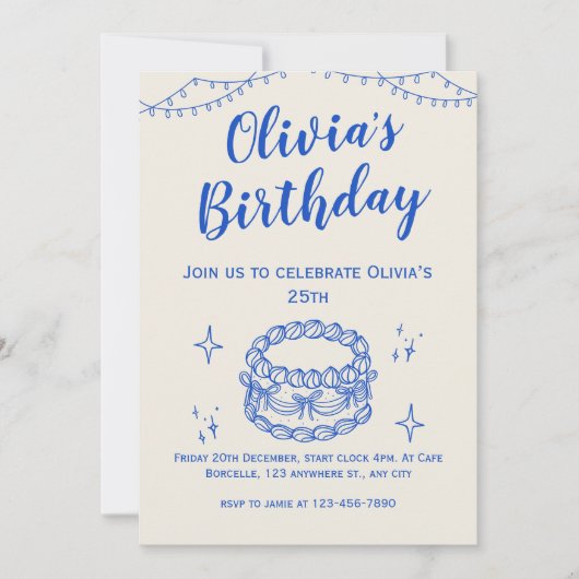 Beige Blauwe Illustratieve Verjaardag Uitnodigen Kaart (Voorkant)