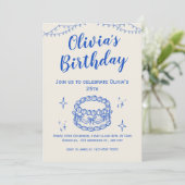 Beige Blauwe Illustratieve Verjaardag Uitnodigen Kaart (Staand voorkant)
