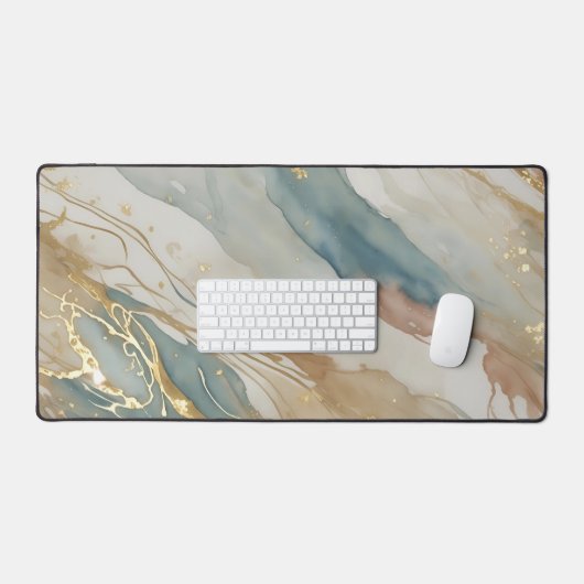 Beige & Blauwe Waterverf Abstract Marmer Bureaumat (Keyboard & Muis)