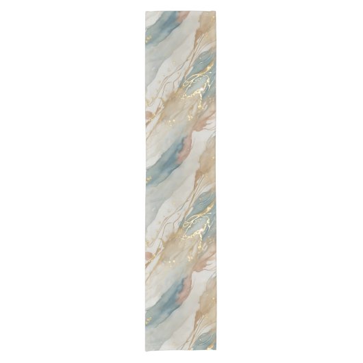 Beige & Blauwe Waterverf Abstract Marmer Korte Tafelloper (Voorkant)