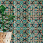 Beige Blauwgroen zwart-geometrische mozaïekstone-l Tegeltje<br><div class="desc">Uniek decoratief ontwerp voor tegel met een naadloos patroon van geometrische vormen in blauwgroen en zwart op een beige steen-getextureerde achtergrond.</div>