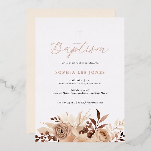 Beige Bloem Boho Waterverf Doop Folie Uitnodiging (Voorkant / Achterkant)