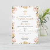 Beige bloem eerste communie kaart (Staand voorkant)