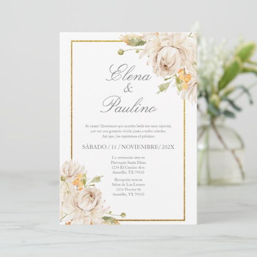 Beige bloem Elegante bruiloft uitnodiging in het S (Staand voorkant)