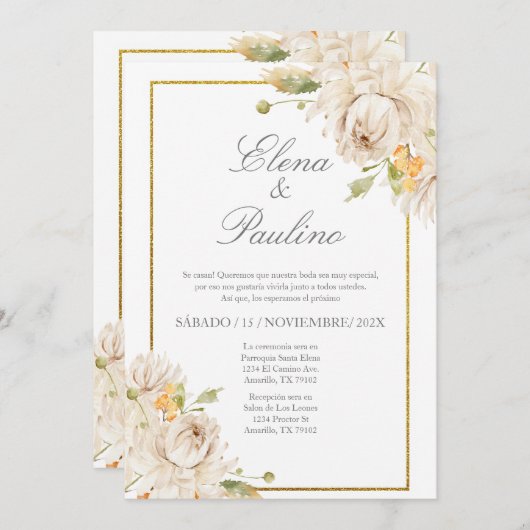 Beige bloem Elegante bruiloft uitnodiging in het S (Voorkant / Achterkant)