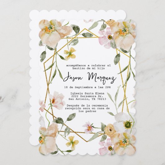 Beige bloem met gouden lijsten doopuitnodiging kaart (Voorkant / Achterkant)