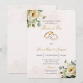 Beige bloem wit gouden bruiloft bewerkbaar kaart (Voorkant / Achterkant)