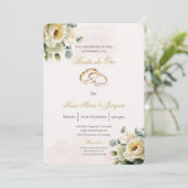 Beige bloem wit gouden bruiloft bewerkbaar kaart (Staand voorkant)