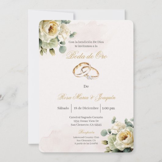 Beige bloem wit gouden bruiloft bewerkbaar kaart (Voorkant)