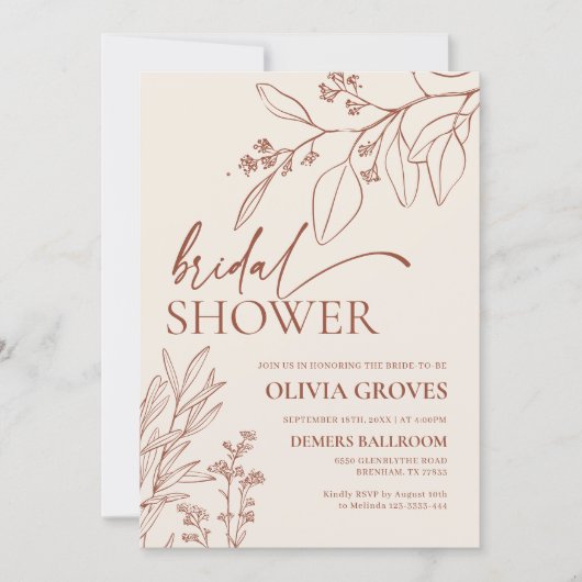 Beige Bloemen Botanische Bruids Douche Uitnodiging (Voorkant)