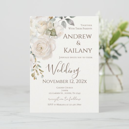 Beige Bloemen Bruiloft Kaart (Staand voorkant)