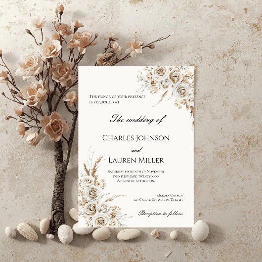 Beige Bloemen Bruiloft Kaart