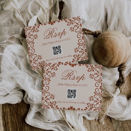 Beige Bloemen Bruiloft QR RSVP Kaartje