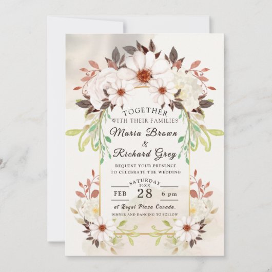 Beige bloemen bruiloftsinvatie kaart (Voorkant)