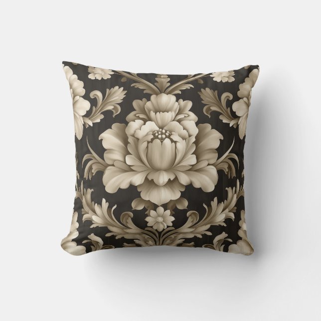  Beige Bloemen Damask Kussen (Voorkant)