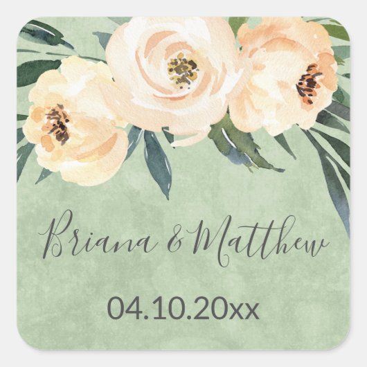 Beige Bloemen Groene Huwelijksgunsten Vierkante Sticker (Voorkant)