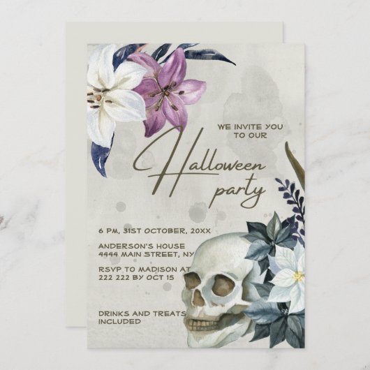 Beige Bloemen Halloween uitnodiging (Voorkant / Achterkant)