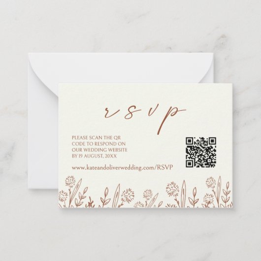 Beige bloemenbruiloft RSVP | QR-code behuizing Kaa Notitiekaartje (Voorkant)