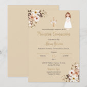 Beige bloemeneerste communieuitnodiging kaart (Voorkant / Achterkant)