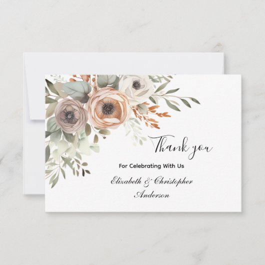 Beige Bloemengroen Botanische bruiloft Dank u (Voorkant)