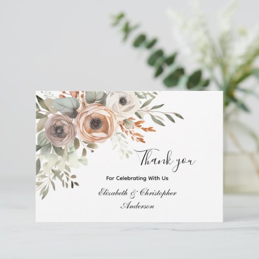 Beige Bloemengroen Botanische bruiloft Dank u (Staand voorkant)