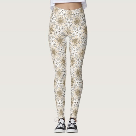 Beige bloemenmandala cirkel batik patroon leggings (Voorkant)
