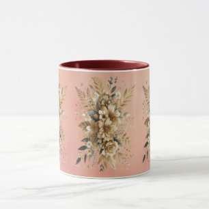 Beige bloemenmok op roze achtergrond mok