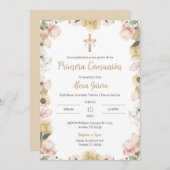 Beige bloemige Eerste Communie Kaart (Voorkant / Achterkant)