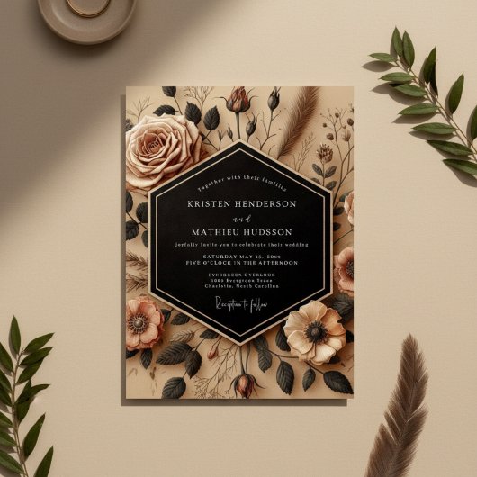 Beige Bloemige Herfst Romantische Bruiloft Kaart