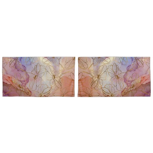 Beige bloemige roze gouden bloemen kussensloop (Voorkant-Set)