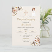 Beige bloemige uitnodiging voor de Eerste Communie (Staand voorkant)