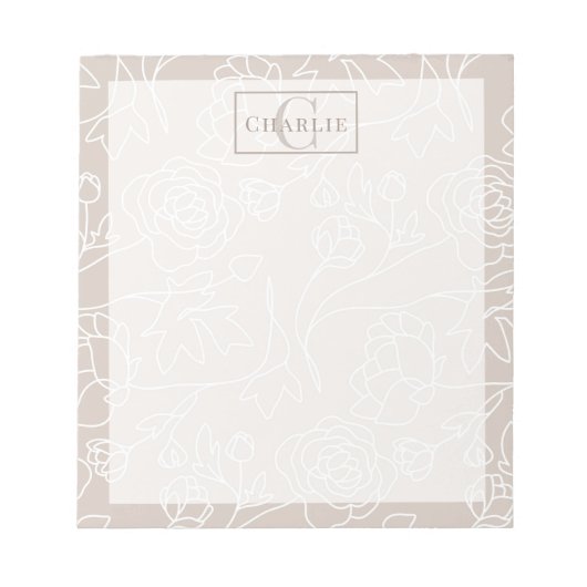 Beige Bloemlijn Kunst, Aangepast Monogram Hond Kat Notitieblok (Voorkant)