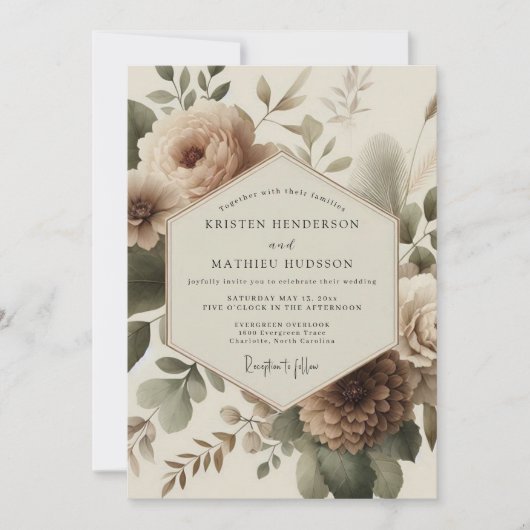 Beige Bloom Romantische Bruiloft Kaart (Voorkant)
