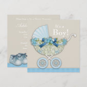 Beige Blue Baby Carriage Boy Shower Kaart (Voorkant / Achterkant)