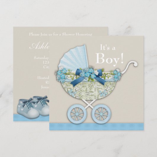 Beige Blue Baby Carriage Boy Shower Kaart (Voorkant / Achterkant)