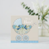 Beige Blue Baby Carriage Boy Shower Kaart (Staand voorkant)