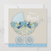 Beige Blue Baby Carriage Boy Shower Kaart (Voorkant)