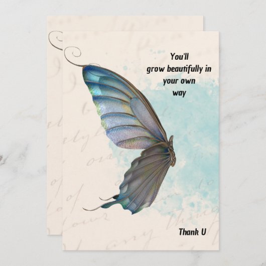 Beige Blue  Butterfly Invitation card. Kaart (Voorkant / Achterkant)