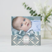Beige Blue Damask Baby Photo Christening Kaart (Staand voorkant)