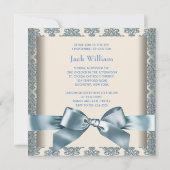 Beige Blue Damask Baby Photo Christening Kaart (Achterkant)