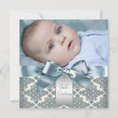 Beige Blue Damask Baby Photo Christening Kaart (Voorkant)