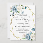 Beige Blue Elegant Floral Gold Lijst Wedding Kaart (Voorkant)