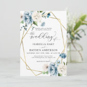 Beige Blue Elegant Floral Gold Lijst Wedding Kaart (Staand voorkant)
