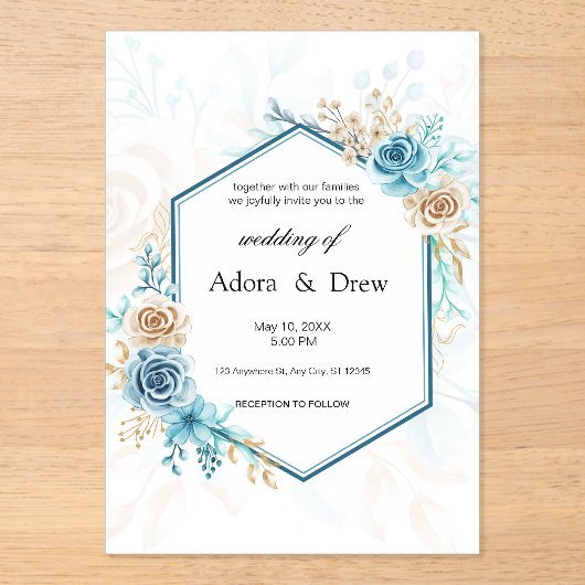 Beige blue Elegant Floral Wedding Acryl Uitnodigingen (Voorkant)