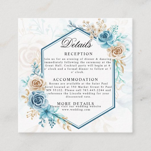 Beige blue Elegant Floral Wedding Informatiekaartje (Voorkant)