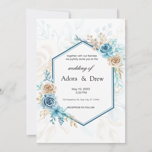 Beige blue Elegant Floral Wedding Kaart (Voorkant)
