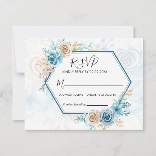 Beige blue Elegant Floral Wedding RSVP Kaartje (Voorkant)